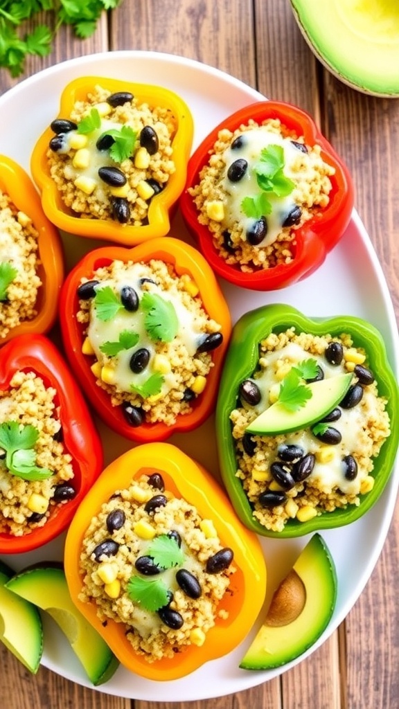 Stuffed bell peppers filled with quinoa, black beans, and corn, garnished with cilantro, on a wooden table.